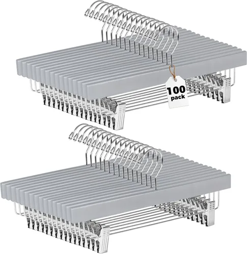 Quality Hangers Juego de 100 perchas de madera para pantalones, juego de 100 ganchos giratorios para ropa, falda de madera de loto, pantalones, Gris