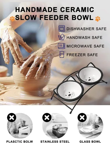 Miniatura 5 de Y YHY Cuencos de comida para gatos, cuencos elevados de 12 onzas para comida y agua, platos elevados de cerámica para mascotas con soporte, gatos