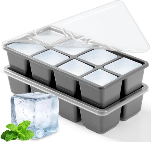 Miniatura 13 de Bandejas grandes para cubitos de hielo con tapa, paquete de 2 moldes apilables de silicona para congelador, fácil liberación, 16 bandejas de hielo