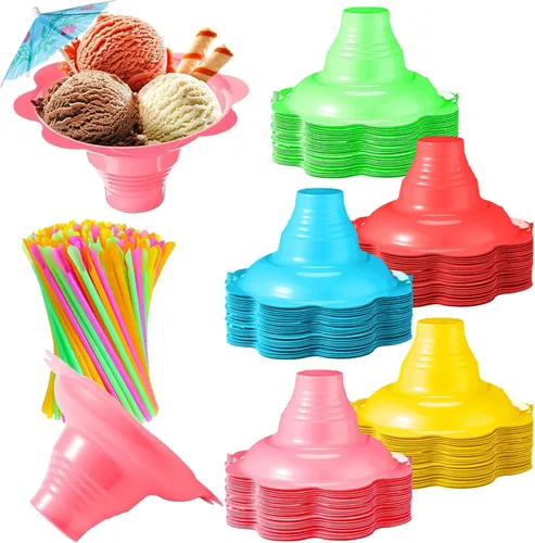 Silkfly Juego de 25 tazas de cono de nieve de flores coloridas de 4 onzas y kit de sombrillas de papel y pajitas de cuchara, cuencos de hielo