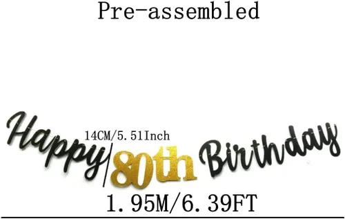 Miniatura 2 de Cartel de papel con purpurina de doble tamaño, color negro, con texto en inglés «Happy 80th Birthday», «No DIY Gold Glitter» para fiesta