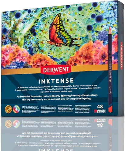 Derwent Inktense - Juego de 48 lápices en caja de madera, núcleo redondo de 4mm, firme, soluble en agua, ideal para acuarela, ilustrar, colorear