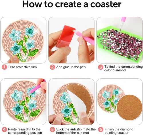 Miniatura 3 de DOTZSO Juego de 8 posavasos de arte de diamante con soporte, kits de arte de diamantes para adultos principiantes, pequeños posavasos de pintura