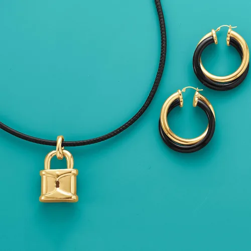 Miniatura 5 de Ross-Simons Andiamo - Pendientes de aro de oro amarillo y ónix negro de 14 quilates, Gema, multi Ónix Diamante