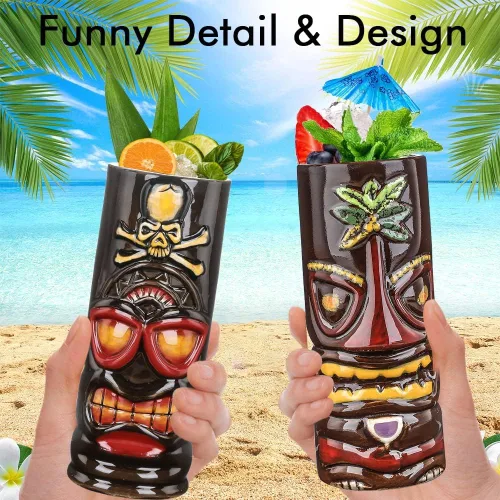 Miniatura 5 de SuproBarware Juego de 4 tazas Tiki de cerámica grandes Tiki tazas hawaianas Luau para fiestas, tazas Tiki Bar para cócteles