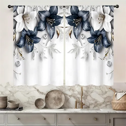Miniatura 29 de Cortinas de cocina vintage retro de madera, con bolsillo para cortinero, 27.5 pulgadas de ancho x 39 pulgadas de largo, 2 paneles de flores blancas