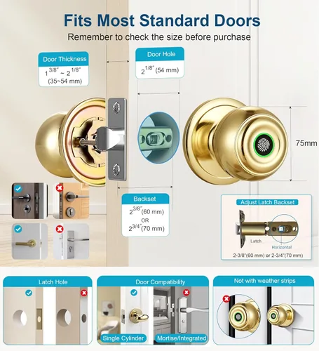 Miniatura 5 de Fingerprint Door Lock, Smart Fingerprint Door Knob with Lock, Biometric Door knob with App Control & Key, Keyless Entry Door Locks for Bedrooms