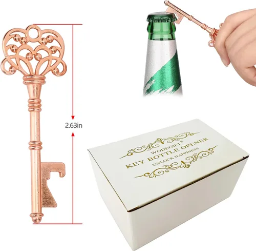 Miniatura 2 de 100 piezas de abrebotellas para recuerdos de boda, abrebotellas con llave de esqueleto vintage, abrebotellas con tarjetas de escolta y llaveros, Oro