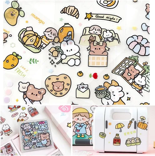 Miniatura 4 de Juego de calcomanías kawaii (100 hojas) - Lindas calcomanías transparentes de animales de dibujos animados y flores para álbum de recortes, Doudou