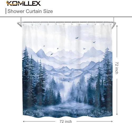 Miniatura 4 de KOMLLEX Cortina de ducha de montaña azul para decoración de baño, 72 pulgadas de ancho x 72 pulgadas de alto, rústico, acuarela, bosque, pino
