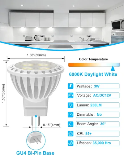 Miniatura 2 de Paquete de 6 bombillas LED MR11 de 3W - Luz blanca diurna de 6000K, base de dos pines GU4, foco de bajo voltaje de 12V, no regulable, reemplazo