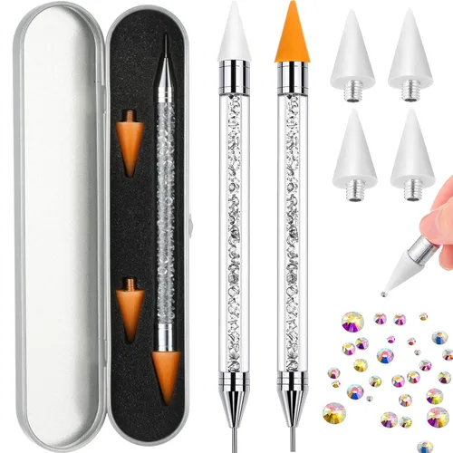 Miniatura 14 de 2 piezas de lápiz de cera con punta de diamante de imitación y pluma de punteado, selector de gemas de diamante de imitación de doble punta, lápiz