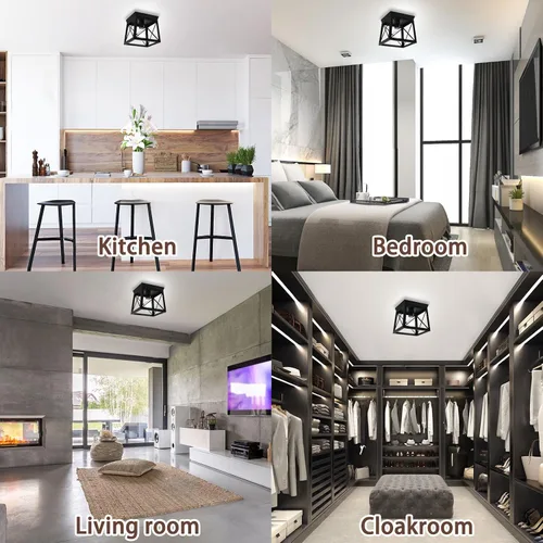 Miniatura 7 de 1 Light Black Industrial Flush Mount Ceiling Light Fixture - Square Farmhouse Caged Ceiling Light for Closet Kitchen Hallway Porch, E26, Dimmable