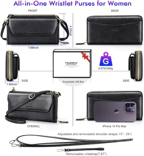 Miniatura 4 de nuoku Cartera RFID para mujer, bolso cruzado con cremallera alrededor de 2 correas