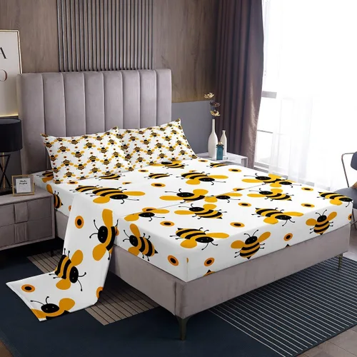 Erosebridal Yellow Bee - Sábana bajera ajustable tamaño individual, sábanas de abeja de dibujos animados Kawaii para niños y niñas, juego de sábanas