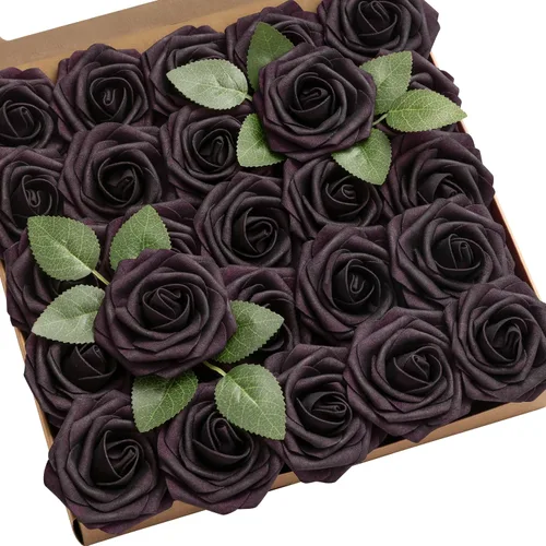 Miniatura 20 de Ling's Moment - Rosas artificiales de espuma, color negro, de aspecto realista con tallo, para bricolaje, decoración de Halloween, ramos de boda