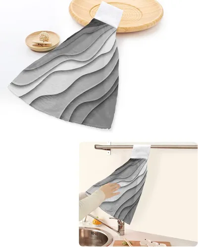 Miniatura 6 de Toallas de cocina con lazo para colgar, toallas de mano abstractas onduladas de color gris degradado, suaves, absorbentes, para baño, bar, hogar