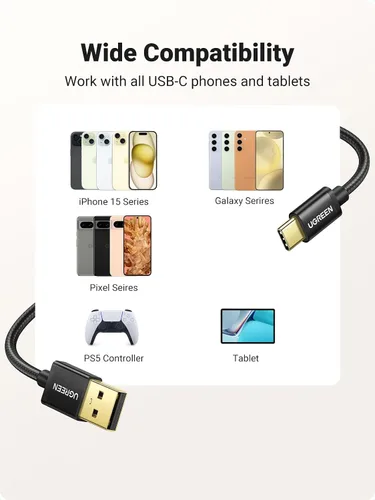 Miniatura 6 de UGREEN Paquete de 2 cables USB C de 3A de carga rápida, USB A a tipo C, cable trenzado USB C compatible con iPhone 16/16 Plus/16 Pro/15, Samsung