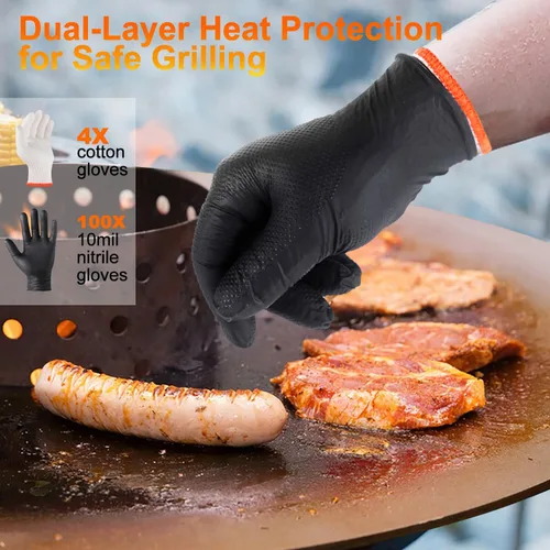 Miniatura 4 de Guantes ANBOSON para Barbacoa Desechables Resistente al Calor para Parrilla - 100 Guantes de Nitrilo + 4 Forros Reutilizables de Algodón