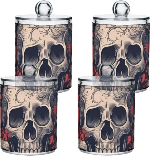 Miniatura 2 de Vnurnrn Qtip - Dispensador de bolas de algodón con tapa, estampado de corazones y calaveras, tarros de plástico, recipientes de baño, organizador