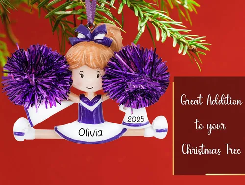 Miniatura 5 de Adorno de Navidad personalizado de animadora 2026 – Personalización gratuita Estatuilla de animadora bailarina con pompón morado real para árbol