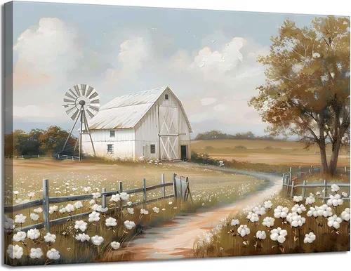 Lienzo de granero de granja, arte de pared de granja rústica, paisaje, naturaleza, decoración, cuadros retro, campo de flores, prado, granero,
