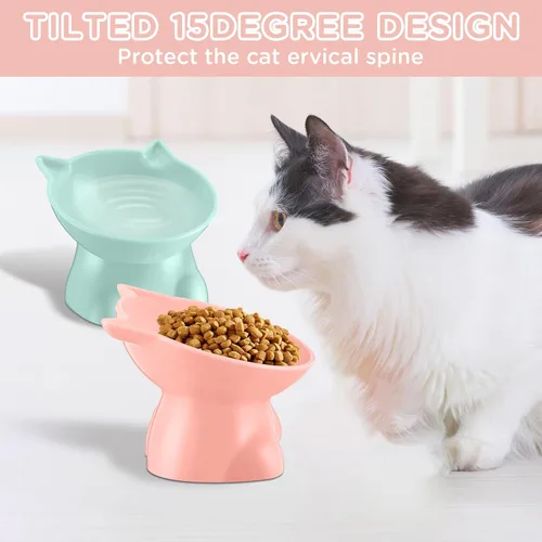 Miniatura 3 de Yaomiao 2 cuencos elevados de plástico para gatos, cuencos elevados de agua para alimentos para mascotas pequeñas (rosa, verde)