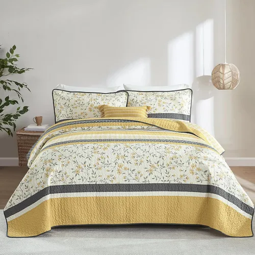 Miniatura 7 de DDUOXIN Edredón 100 % algodón, tamaño King, moderno edredón botánico a rayas con 2 fundas de almohada, colcha reversible, ligero, delgado, juego