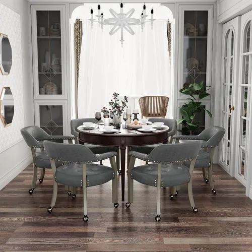 Miniatura 6 de SY1318GY - Sillas de madera maciza, sillas de comedor con ruedas y brazos, sillas de escritorio de oficina, sillas giratorias clásicas con tapizado