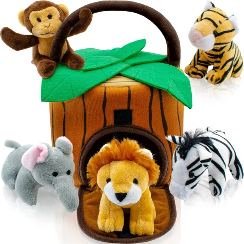 Miniatura 9 de Play22 Juego de 6 piezas de animales de la selva parlantes de felpa con transportador para niños, bebés y niños pequeños, elefante, tigre, león