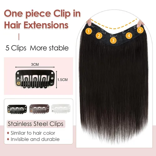 Miniatura 4 de Benehair Extensiones de cabello humano real de una pieza con clip, 3/4, cabeza completa, en forma de V, trama más gruesa, malla de encaje, Negro