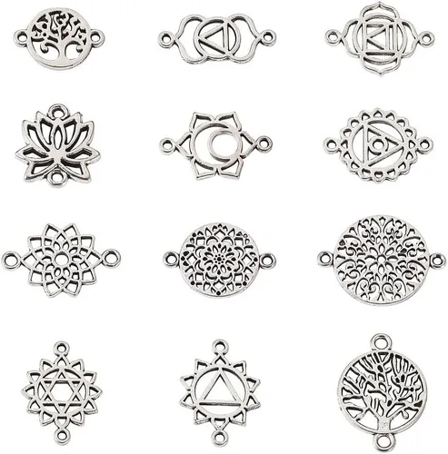 Miniatura 6 de Pandahall - 120 dijes de flores tibetanas con conector de chakras, aleación de plata antigua, dijes de conector de flores huecas, 12 estilos