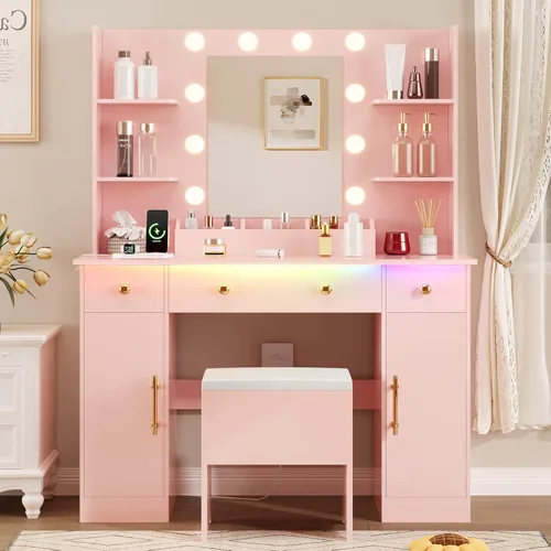 Miniatura 9 de HUANLEGO Escritorio de tocador con espejo y luces, tocador de maquillaje con espejo y luces LED y toma de corriente, 3 cajones y armarios, 3 modos