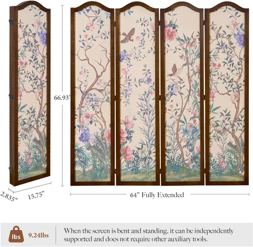 Miniatura 2 de Svimi Divisor de habitación plegable de madera de 4 paneles estilo oriental – Pantalla de privacidad independiente y panel de pared decorativo
