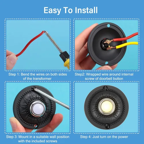 Miniatura 3 de Botón de timbre iluminado de metal resistente, interruptor de timbre de puerta LED redondo negro de 2 pulgadas, botones montados en la pared