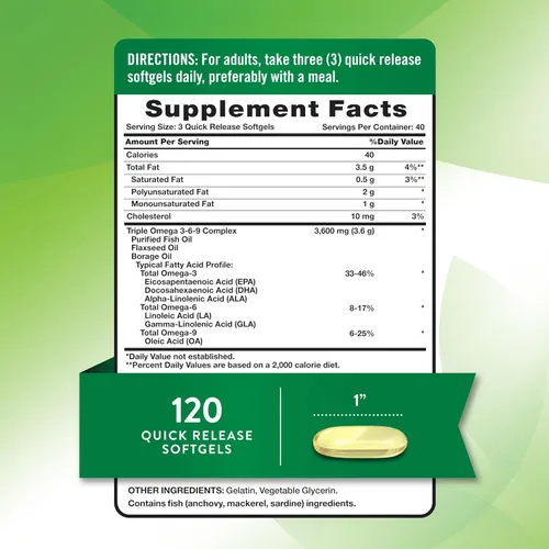 Miniatura 2 de Nature's Truth Omega 3-6-9 cápsulas blandas 3600 mg 120 unidades Aceite de pescado, lino y borraja Triple fuerza Suplemento sin OMG y sin