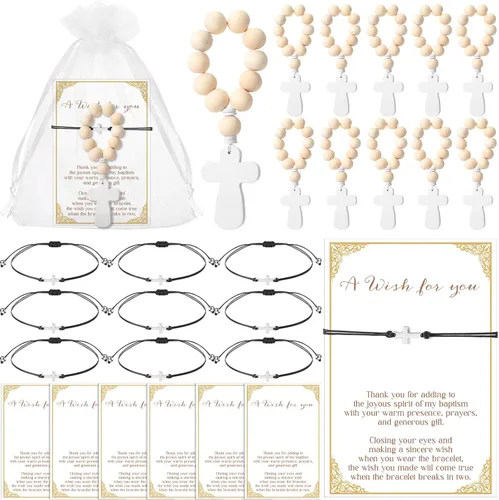 Ecation Recuerdos de bautismo para invitados, rosario de madera con dedo, mini pulsera de cruz de rosario, pulseras religiosas y bolsas de organza,