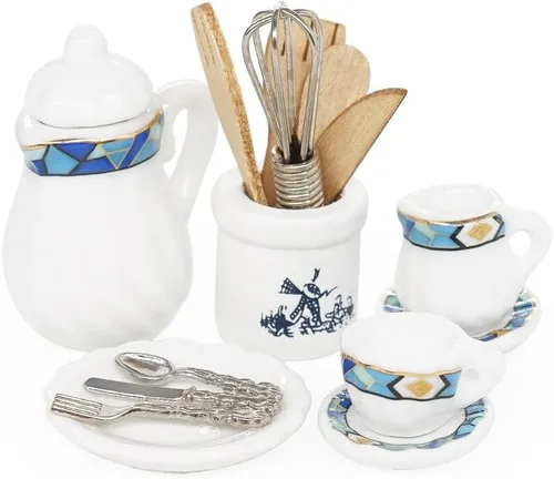 Miniatura 3 de Odoria 1/12 Juego de té de porcelana en miniatura Platos y cubiertos Utensilios de cocina Accesorios para casa de muñecas, azul mediterráneo