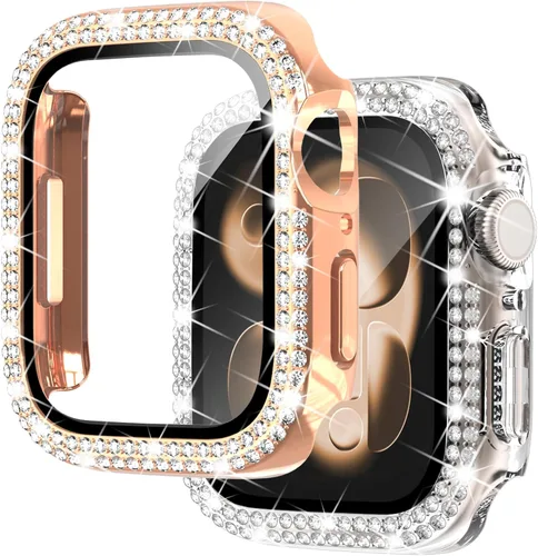Miniatura 23 de NewWays Paquete de 2 carcasas brillantes para Apple Watch, 1.496 pulgadas, Series 3, 2, 1, diamantes de imitación de cristal con diamantes