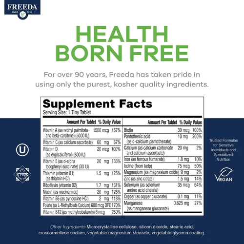 Miniatura 4 de Freeda vite Tiny Tablet - Multivitamínico moderado para hombres y mujeres - Vitamina A, C, D, E, B1, B2, B6, B12, biotina, calcio, zinc, hierro