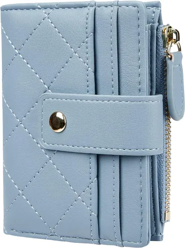 Cartera de cuero para mujer, pequeña, compacta, plegable, con bolsillo para monedas con cremallera