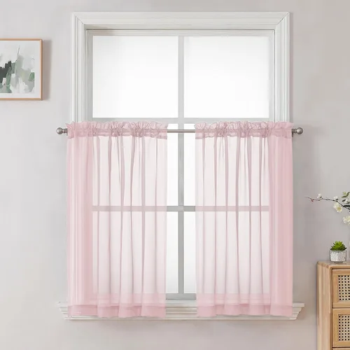 Miniatura 17 de OVZME - Cortinas traslúcidas blancas de 45 pulgadas de largo, 2 paneles, cortinas de gasa con bolsillo para barra para ventanas pequeñas, cada una