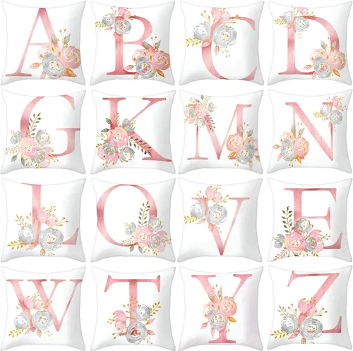 Miniatura 2 de Fundas de Almohada Decorativas del Alfabeto, Fundas de Cojín con Letras ABC y Flores, Fundas de Cojín Cuadradas de 18 x 18 Pulgadas, Protectores