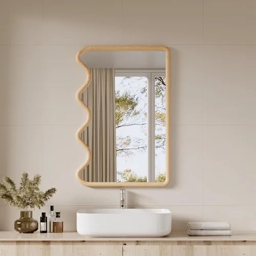 Miniatura 13 de ULIKE Espejo rectangular de madera con marco de cuentas de madera natural, 24 x 36 pulgadas, espejo de pared rústico de granja para baño, guardería