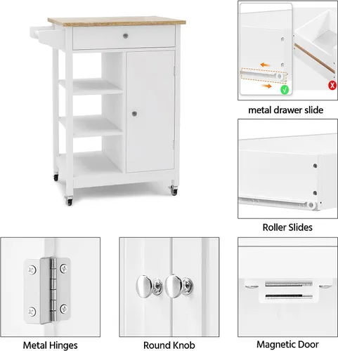 Miniatura 5 de RASOO Carrito de cocina con almacenamiento, pequeño carrito de isla estrecho blanco sobre ruedas, armario de almacenamiento superior de madera