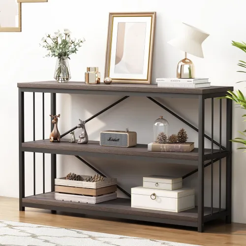 Miniatura 19 de LVB Mesa consola industrial, mesa de sofá de metal y madera, mesa de entrada rústica con almacenamiento, moderno estante de 3 niveles mesa larga