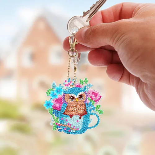 Miniatura 2 de LUSandy Juego de 6 llaveros de pintura de diamante con diseño de búho y flores azules 5D para adultos, diseño especial de búho de doble cara
