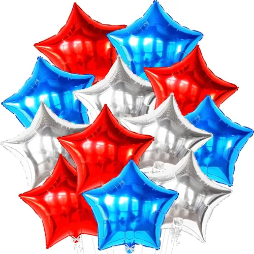 KatchOn, Decoraciones del 4 de julio, enormes globos de estrella roja, blanca y azul, paquete de 12, 18 pulgadas, globos de estrella de aluminio