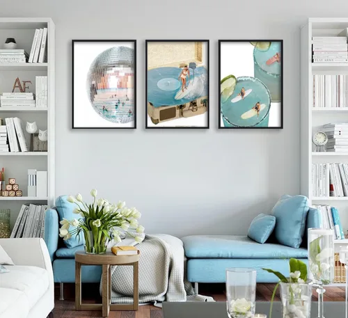 Miniatura 5 de 3 piezas de lienzo azul de moda preppy arte de pared retro de bola de discoteca estética bar carro póster impreso ilustraciones azul costero niña