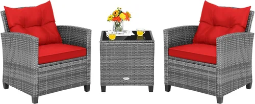 Miniatura 10 de Tangkula Juego de muebles de patio de 3 piezas, mimbre de ratán PE, juego de sofá de 3 piezas para exteriores con cojín lavable y superficie de mesa
